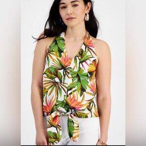Tropical Halter Top with Leaf Print